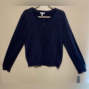 New Charter Club Sparkly Navy Long Sleeve Sequined Top | Shirt
